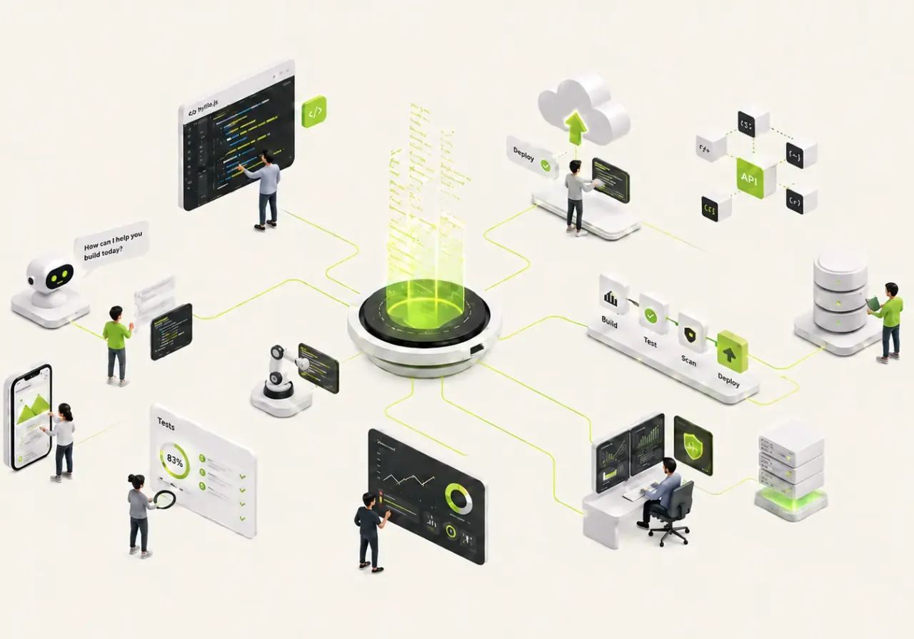 Ilustración isométrica de un equipo construyendo productos digitales conectados: código, apps móviles, dashboards y despliegue en la nube