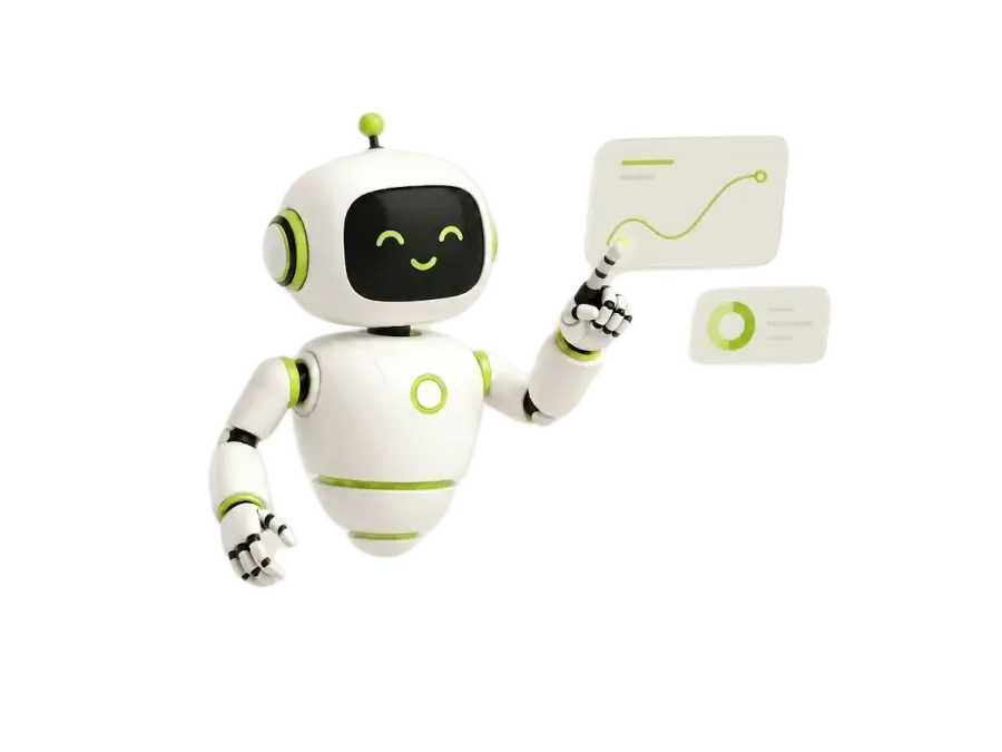 Ilustración de un robot asistente sonriente que señala gráficos de datos